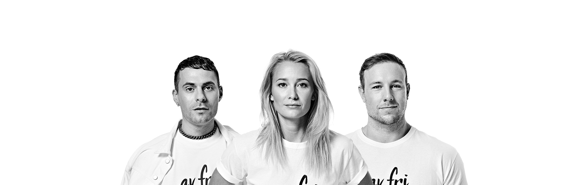 Musikern Oskar Linnros, skådespelaren Ellen Bergström och e-sportaren Emil Christensen har t-shirts med trycket Av fri vilja.